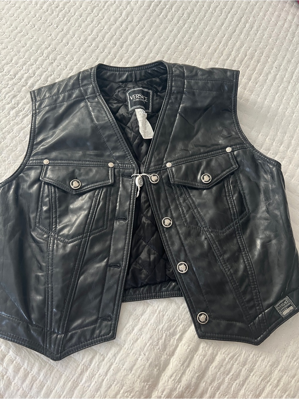 Versace Black Leather Button-Front Vest